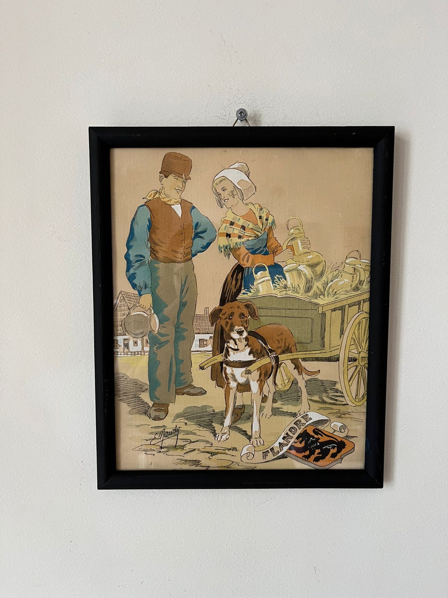 E. Maudy (1866 - 1944) Lithographie de la Flandre représentant un couple de fermiers