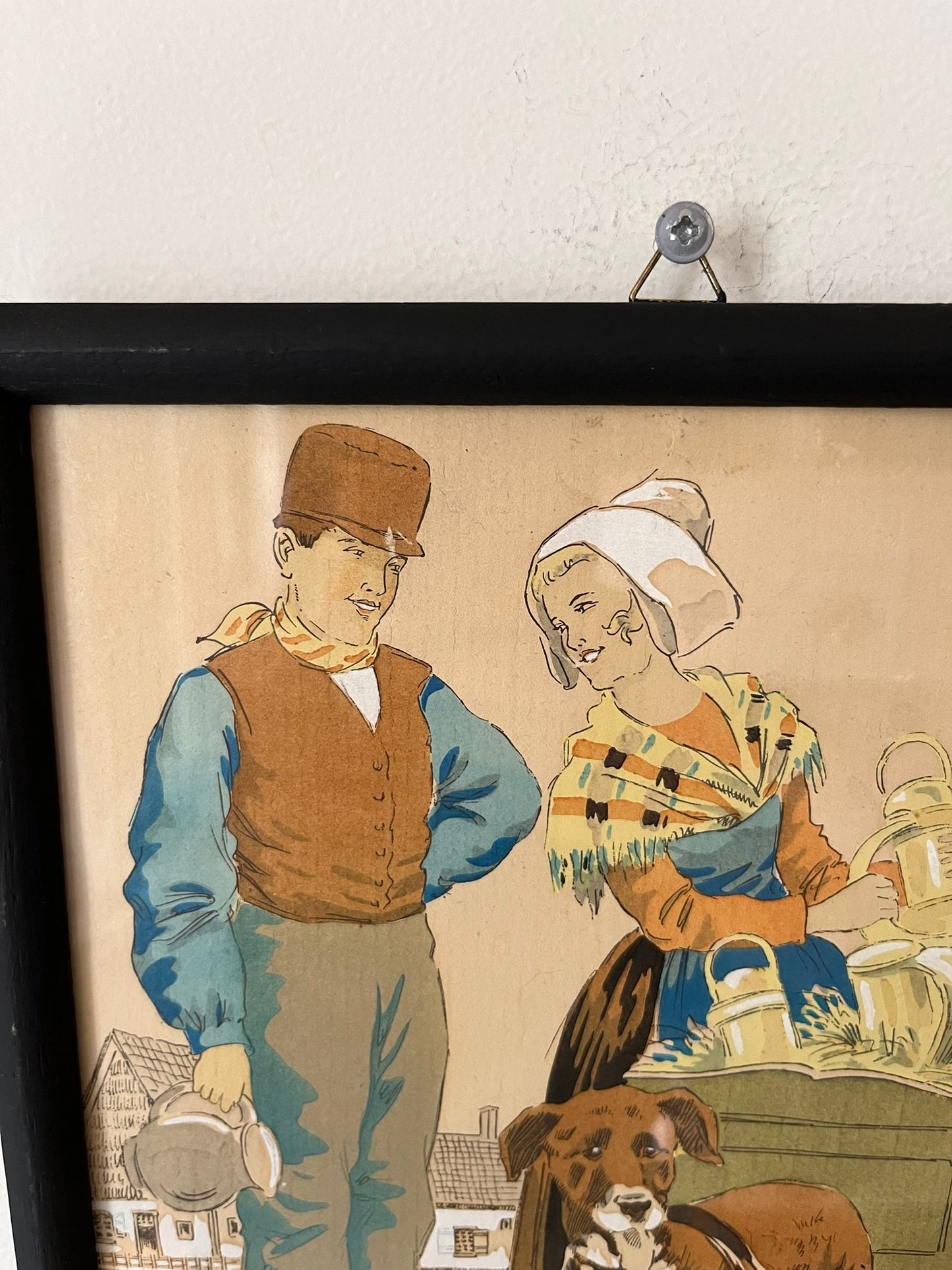 E. Maudy (1866 - 1944) Lithographie de la Flandre représentant un couple de fermiers
