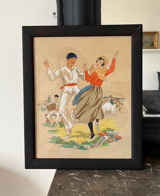 E. Maudy (1866 - 1944) Lithographie du pays basque représentant un couple en costumes traditionnels dansants