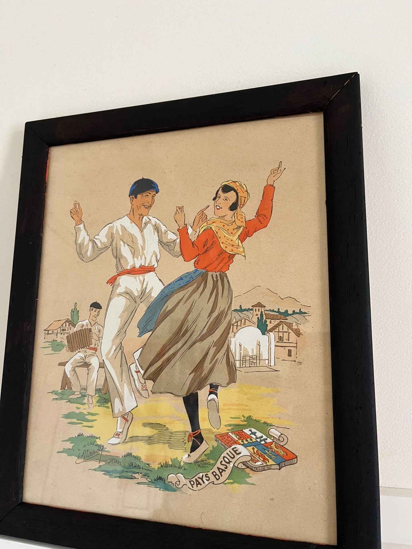 E. Maudy (1866 - 1944) Lithographie du pays basque représentant un couple en costumes traditionnels dansants