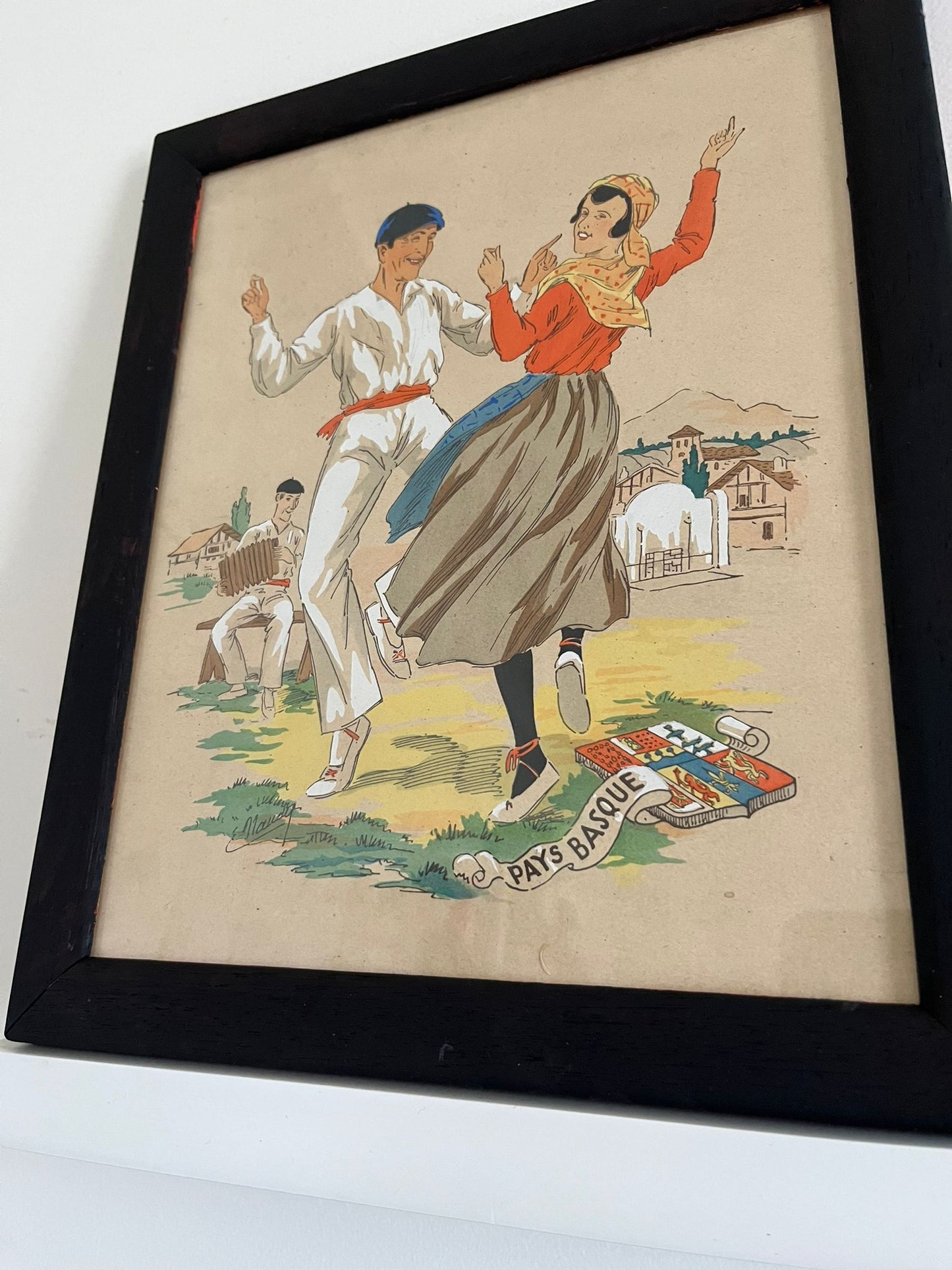 E. Maudy (1866 - 1944) Lithographie du pays basque représentant un couple en costumes traditionnels dansants