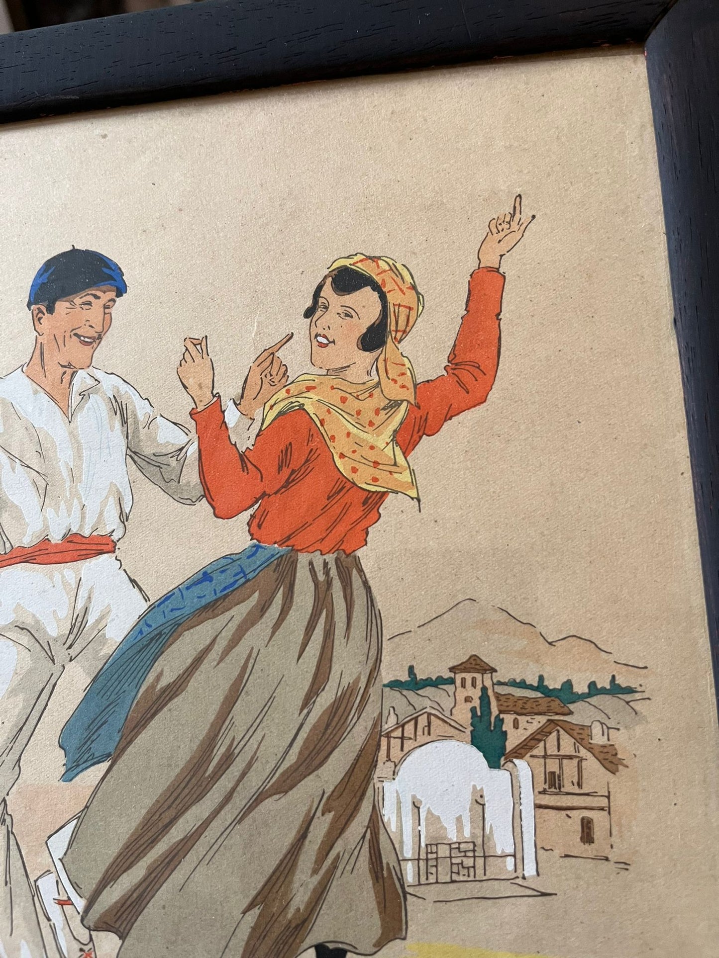 E. Maudy (1866 - 1944) Lithographie du pays basque représentant un couple en costumes traditionnels dansants