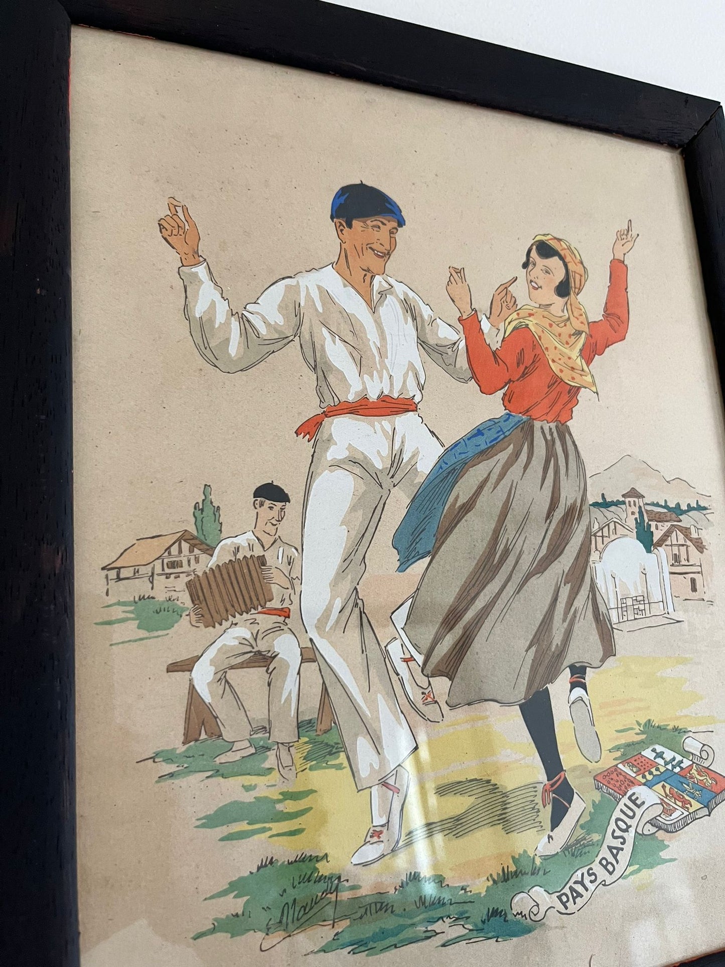 E. Maudy (1866 - 1944) Lithographie du pays basque représentant un couple en costumes traditionnels dansants