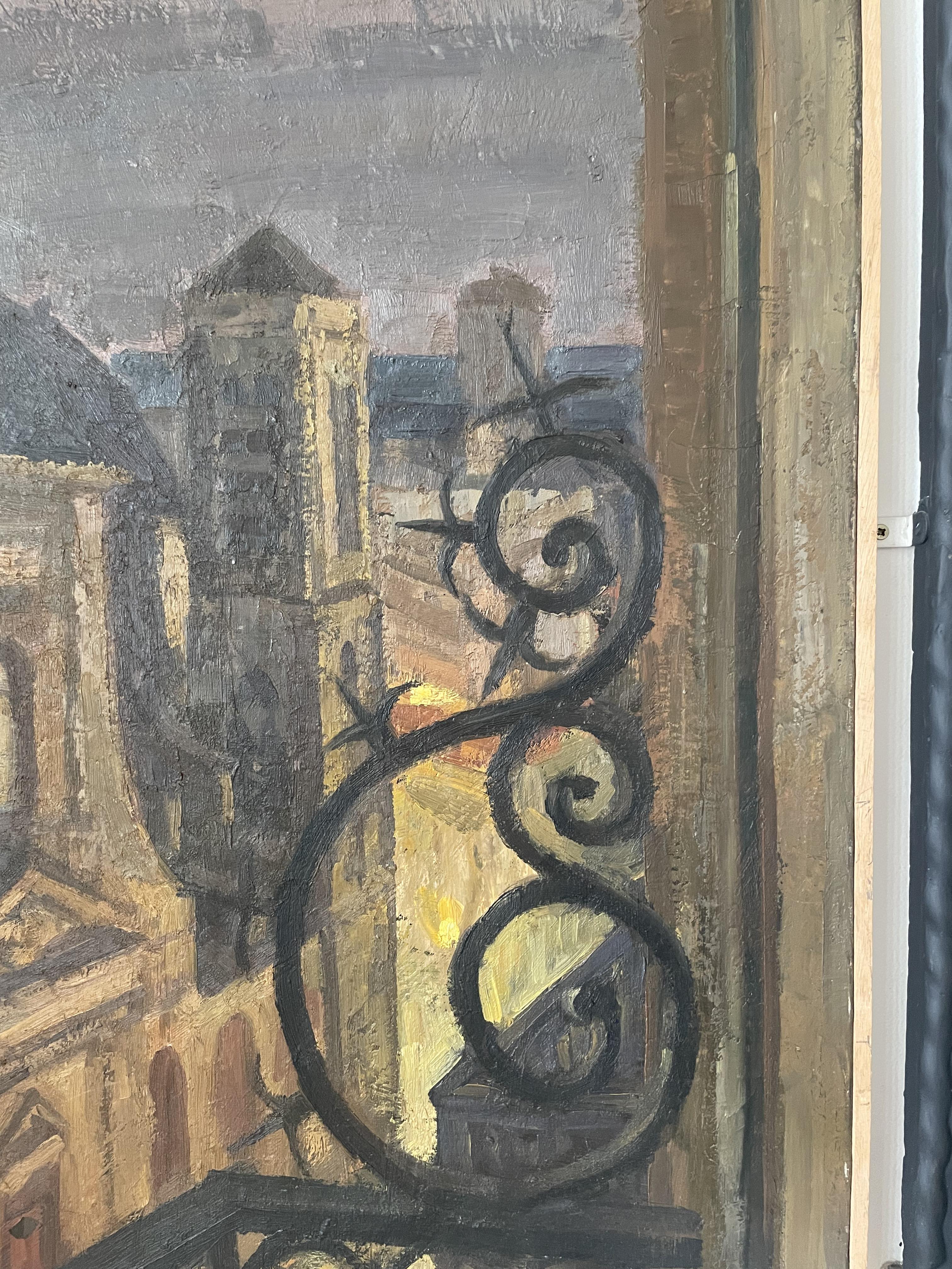 Louis Peyré (1923 - 2012) "Vu du balcon : Le clocher de Saint-Nicolas-du-Chardonnet de nuit" peinture
