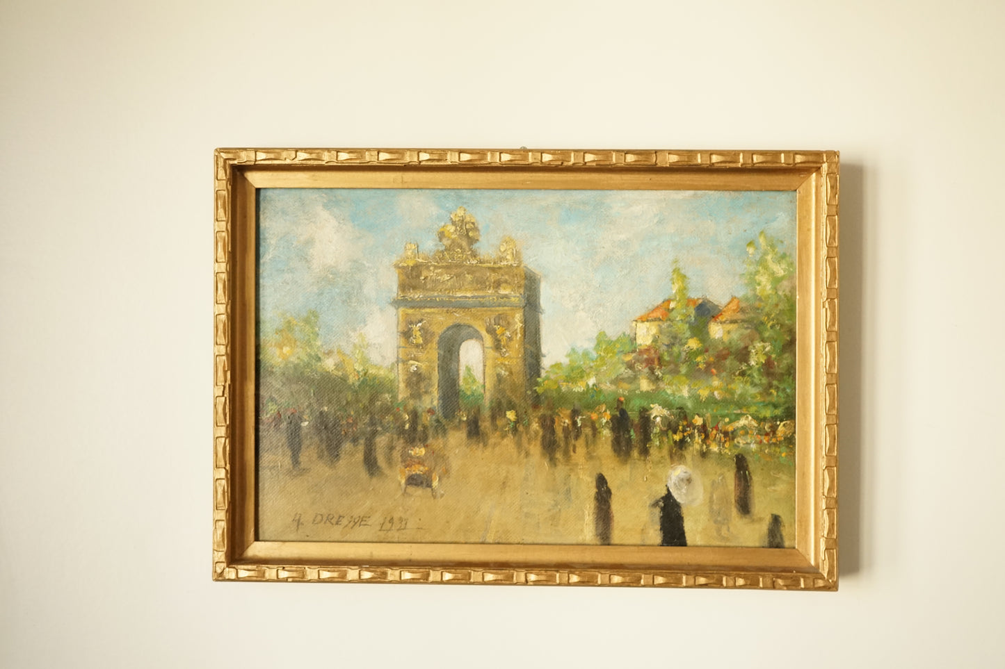 A.Dreqqe "Un dimanche à l'Arc de Triomphe"  Peinture sur bois 1939