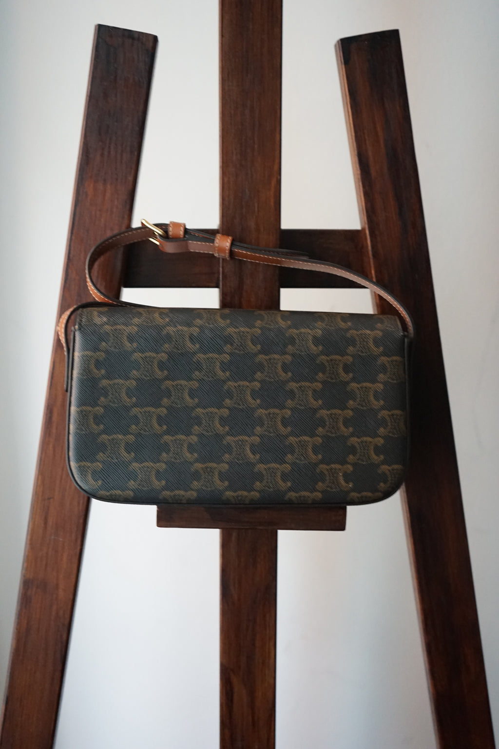 Celine sac à main Triomphe en toile imprimée et veau camel
