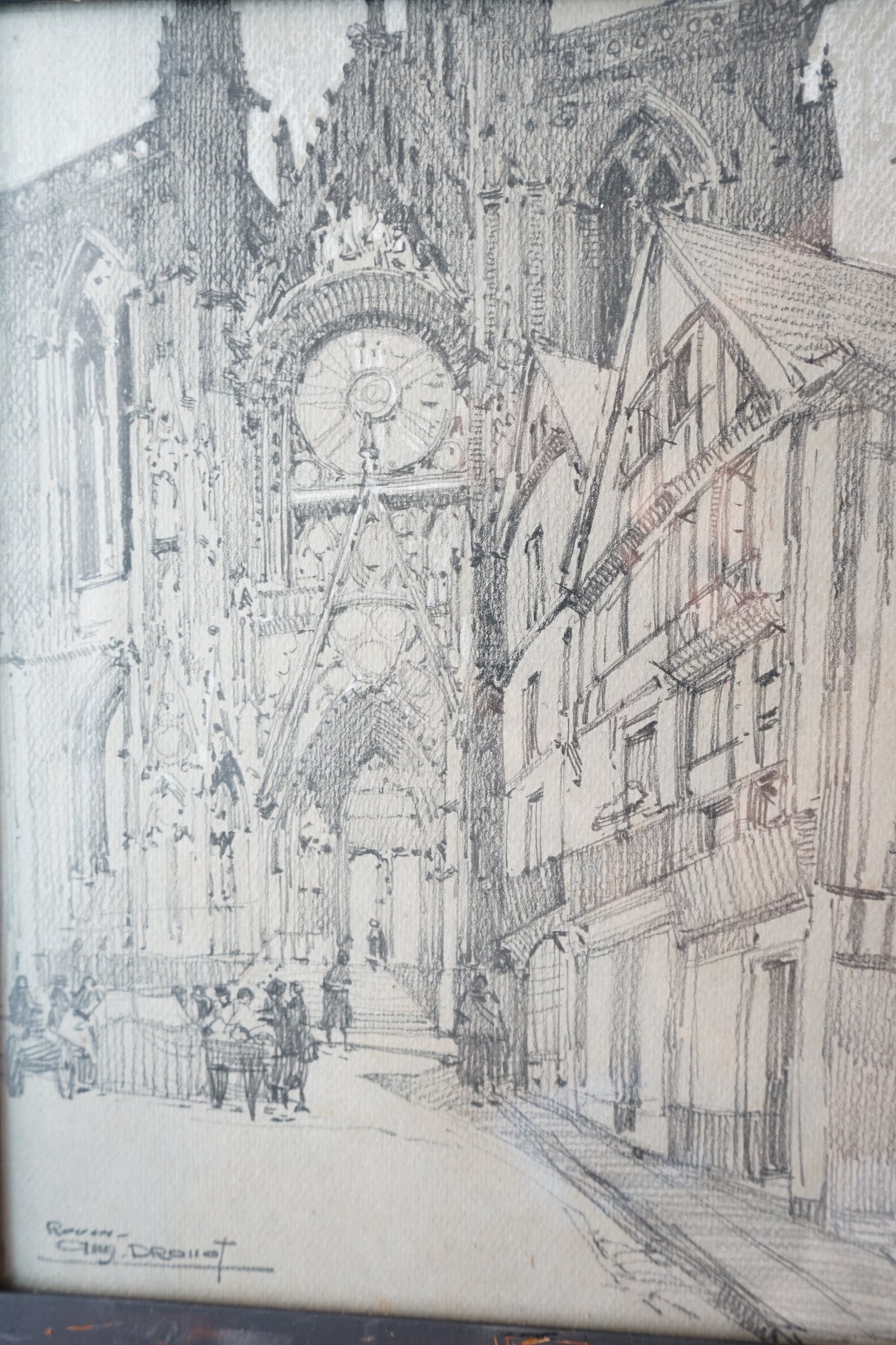 Auguste Drouot (1881-1955) dessin de la cathédrale de Rouen au crayon à papier