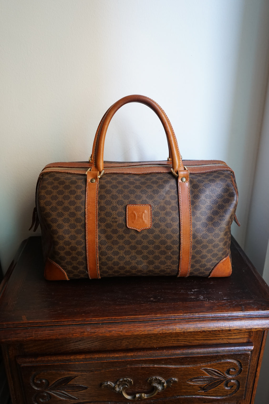 Sac à main Céline modèle Bowling vintage toile et cuir marron/camel