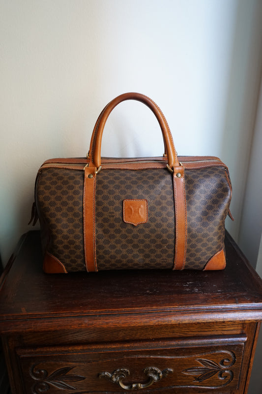 Sac à main Céline modèle Bowling vintage toile et cuir marron/camel