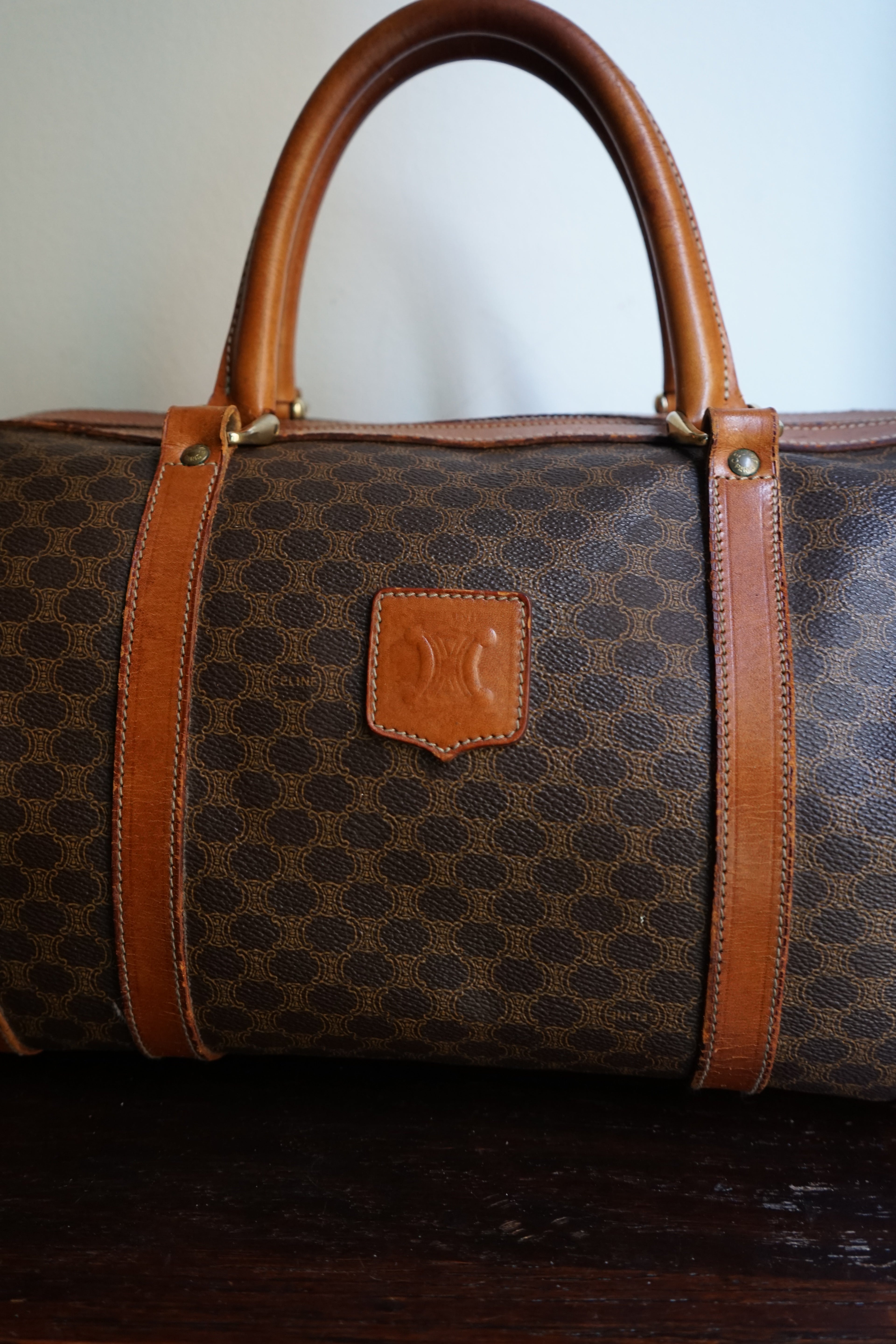 Sac à main Céline modèle Bowling vintage toile et cuir marron/camel