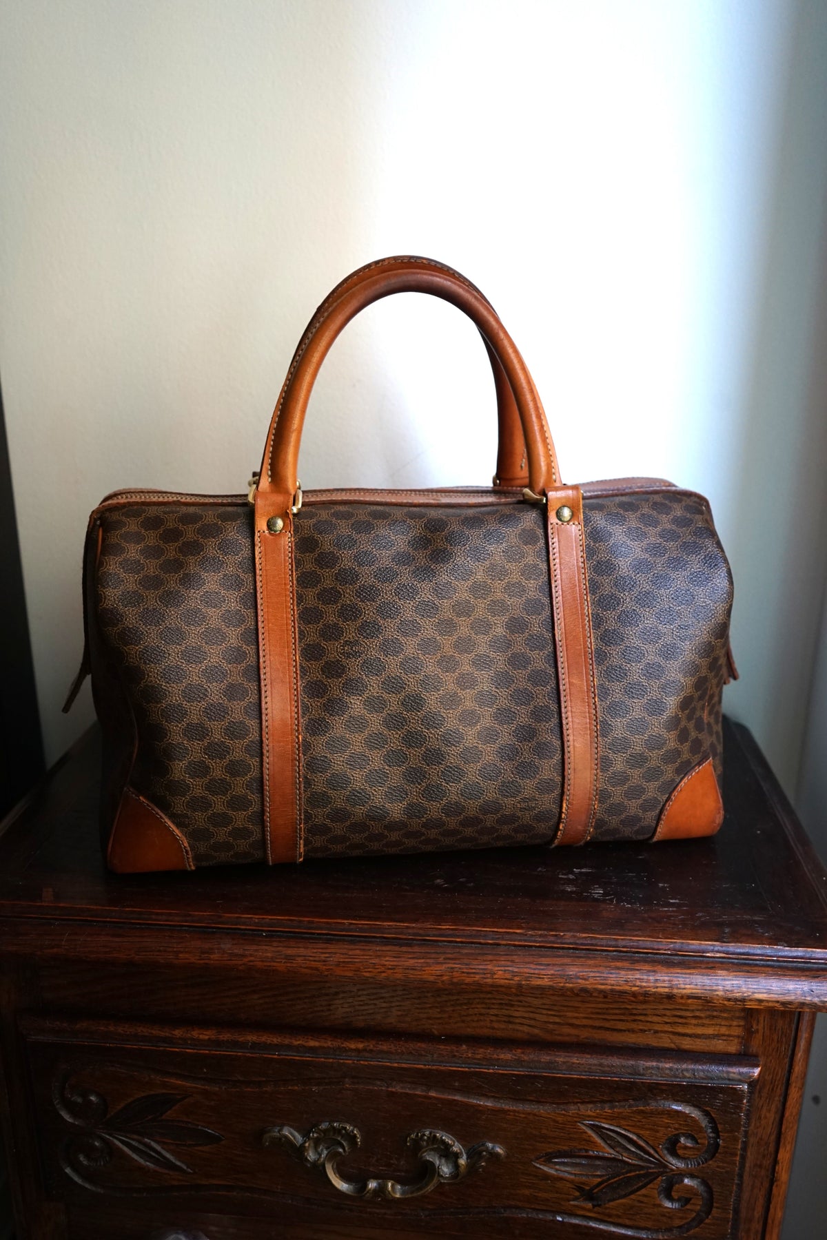 Sac à main Céline modèle Bowling vintage toile et cuir marron/camel