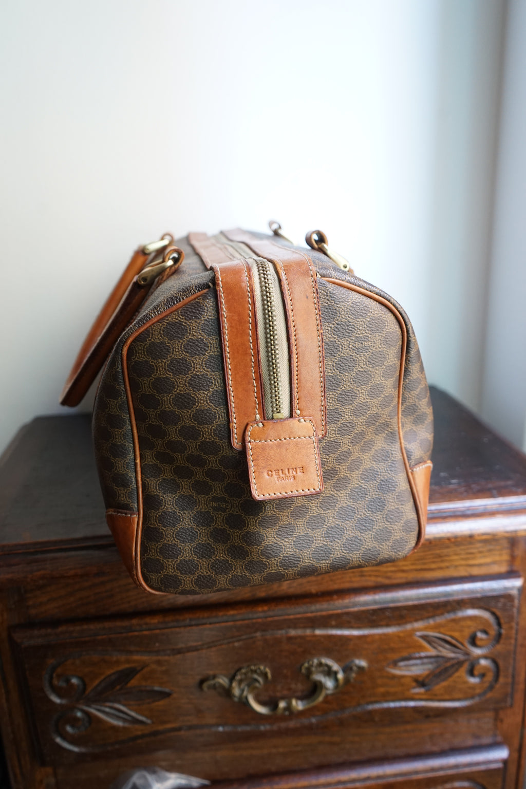 Sac à main Céline modèle Bowling vintage toile et cuir marron/camel