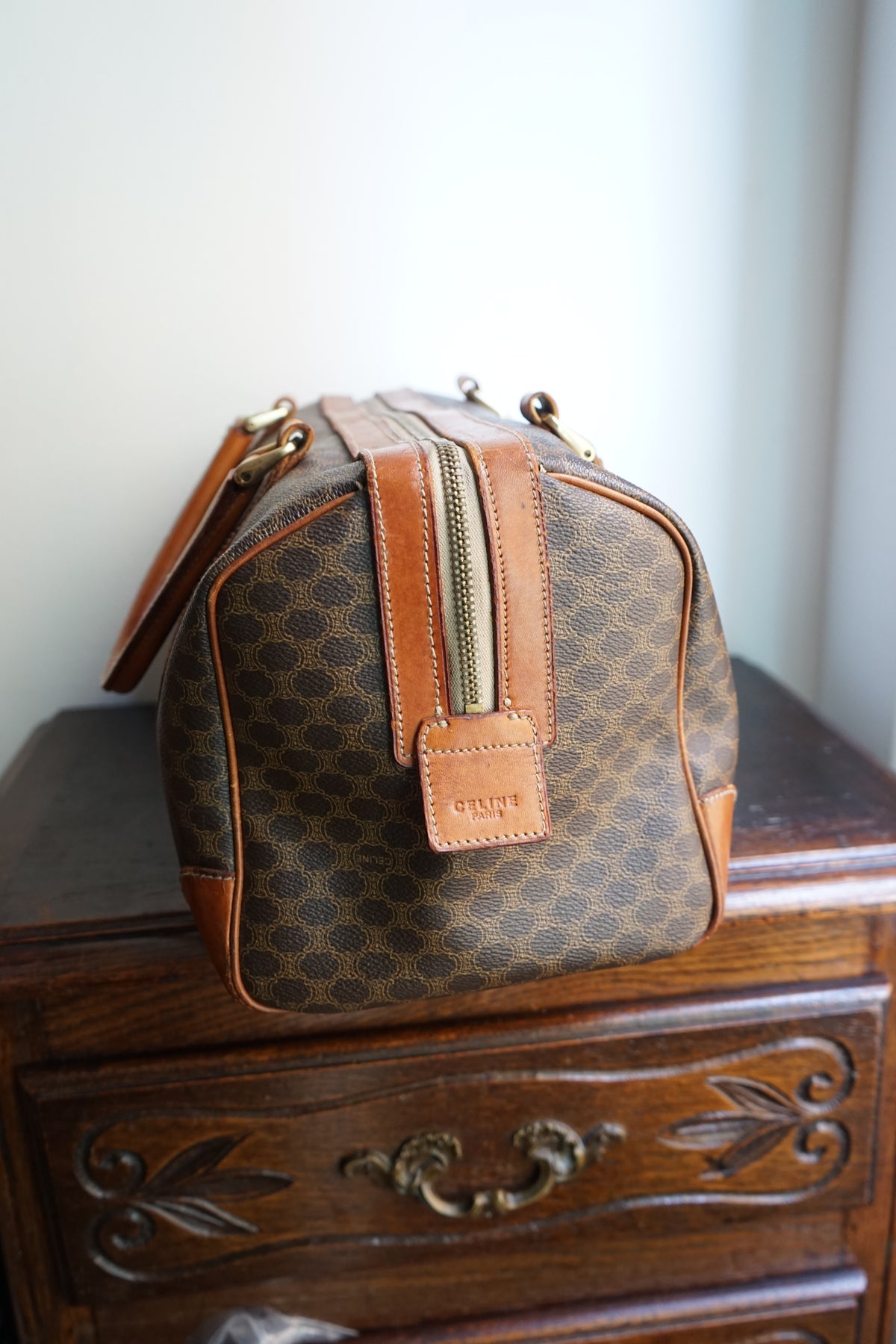 Sac à main Céline modèle Bowling vintage toile et cuir marron/camel