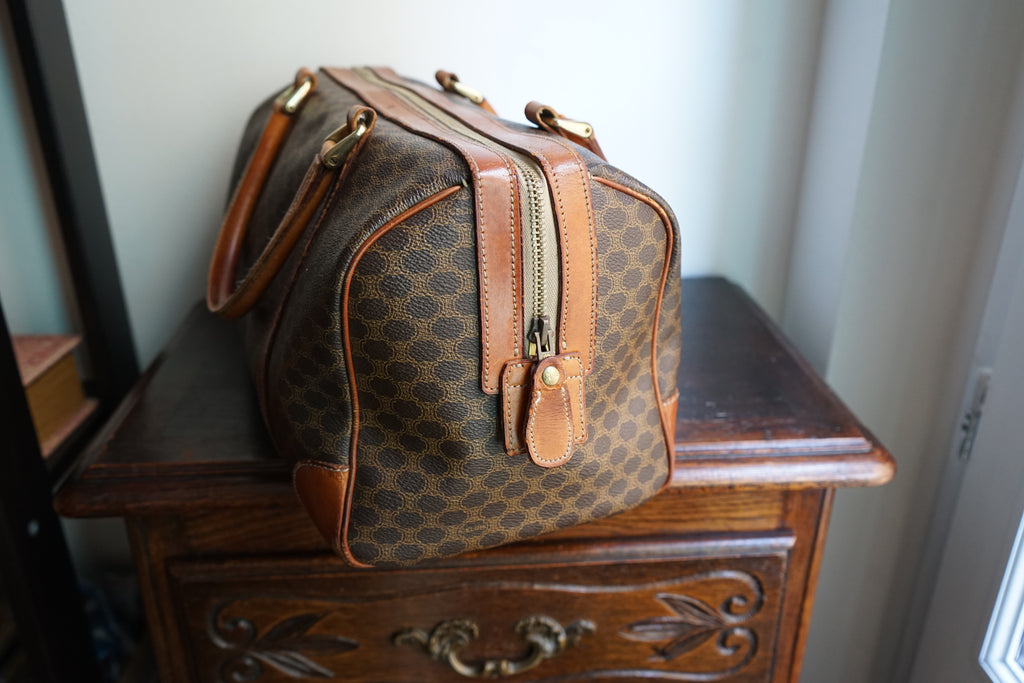 Sac à main Céline modèle Bowling vintage toile et cuir marron/camel