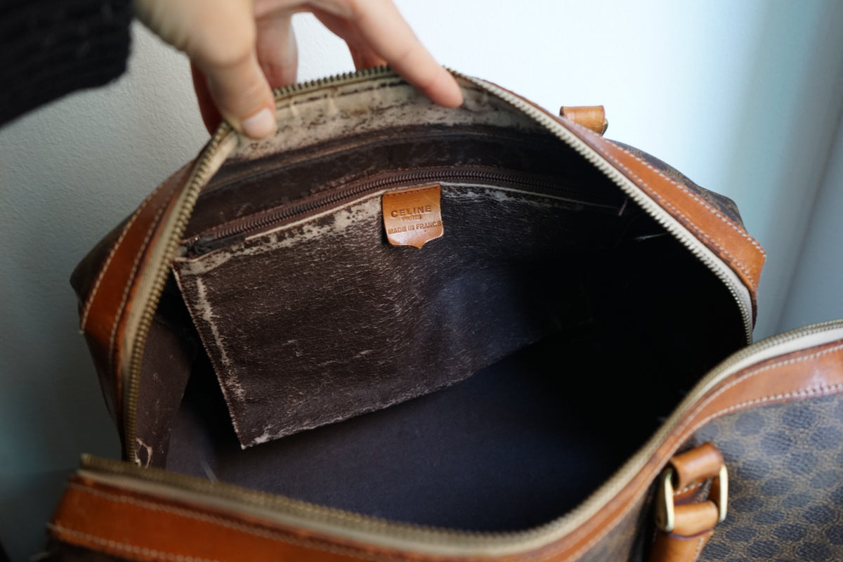 Sac à main Céline modèle Bowling vintage toile et cuir marron/camel