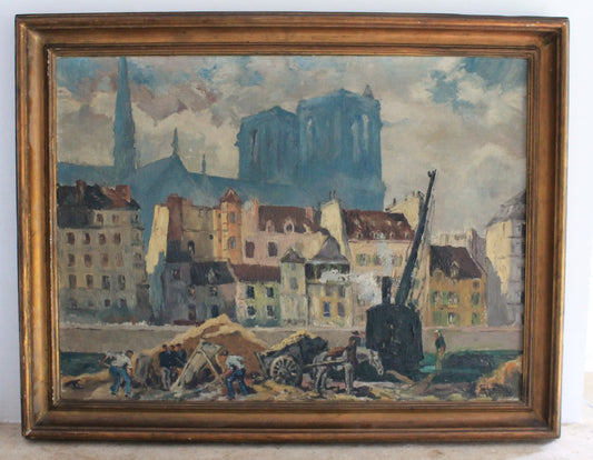 Peinture huile sur toile "Les ouvriers devant Notre-Dame de Paris" 1932