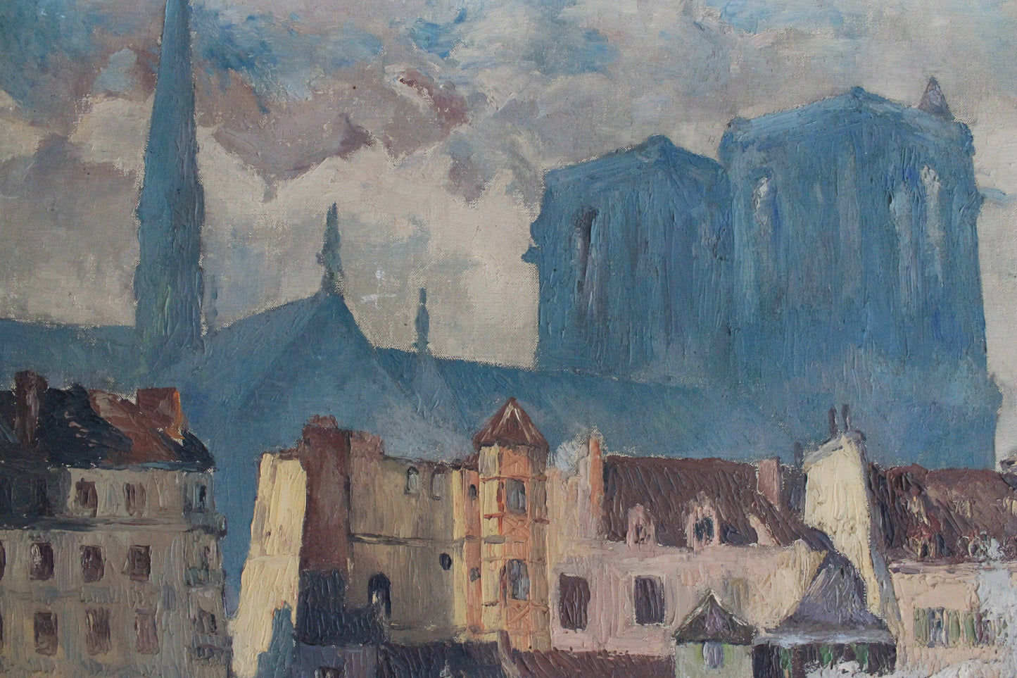 Peinture huile sur toile "Les ouvriers devant Notre-Dame de Paris" 1932