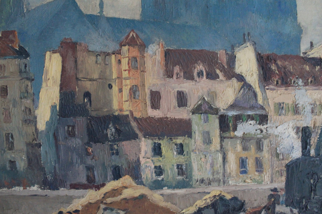 Peinture huile sur toile "Les ouvriers devant Notre-Dame de Paris" 1932