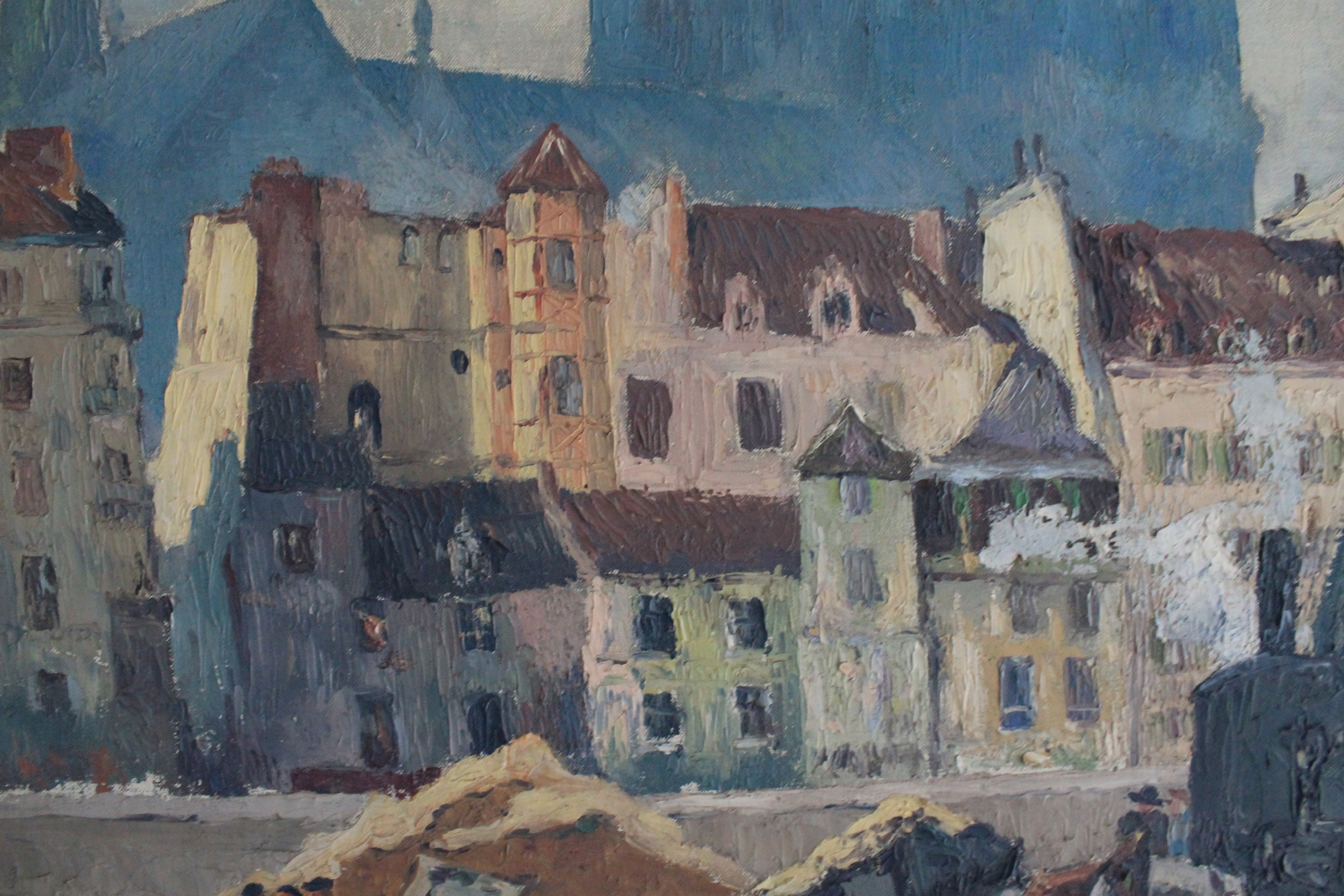 Peinture huile sur toile "Les ouvriers devant Notre-Dame de Paris" 1932