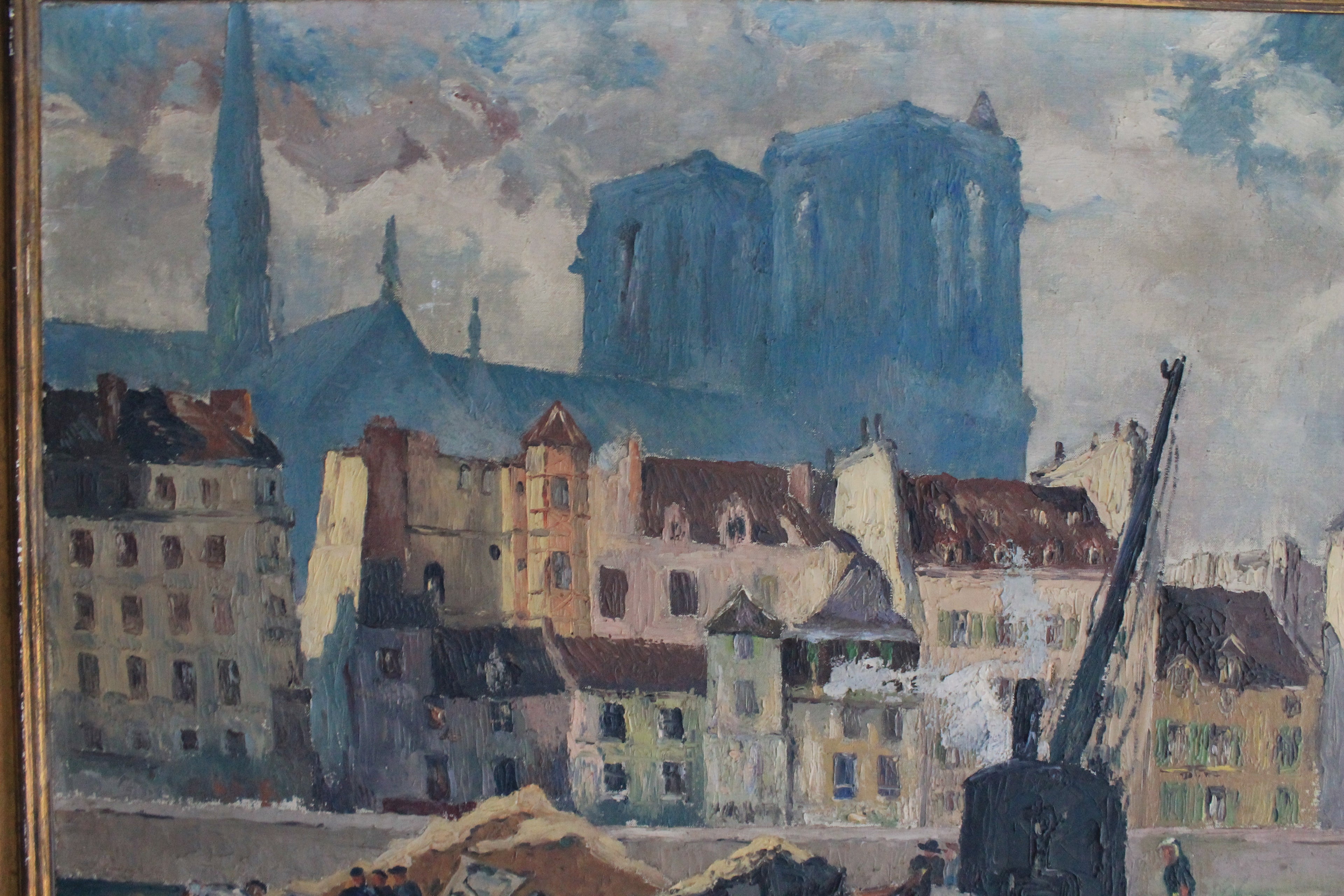 Peinture huile sur toile "Les ouvriers devant Notre-Dame de Paris" 1932