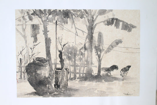 Tran Tu Thanh (1943) "Jardin vietnamien avec les coqs" encre de chine sur papier