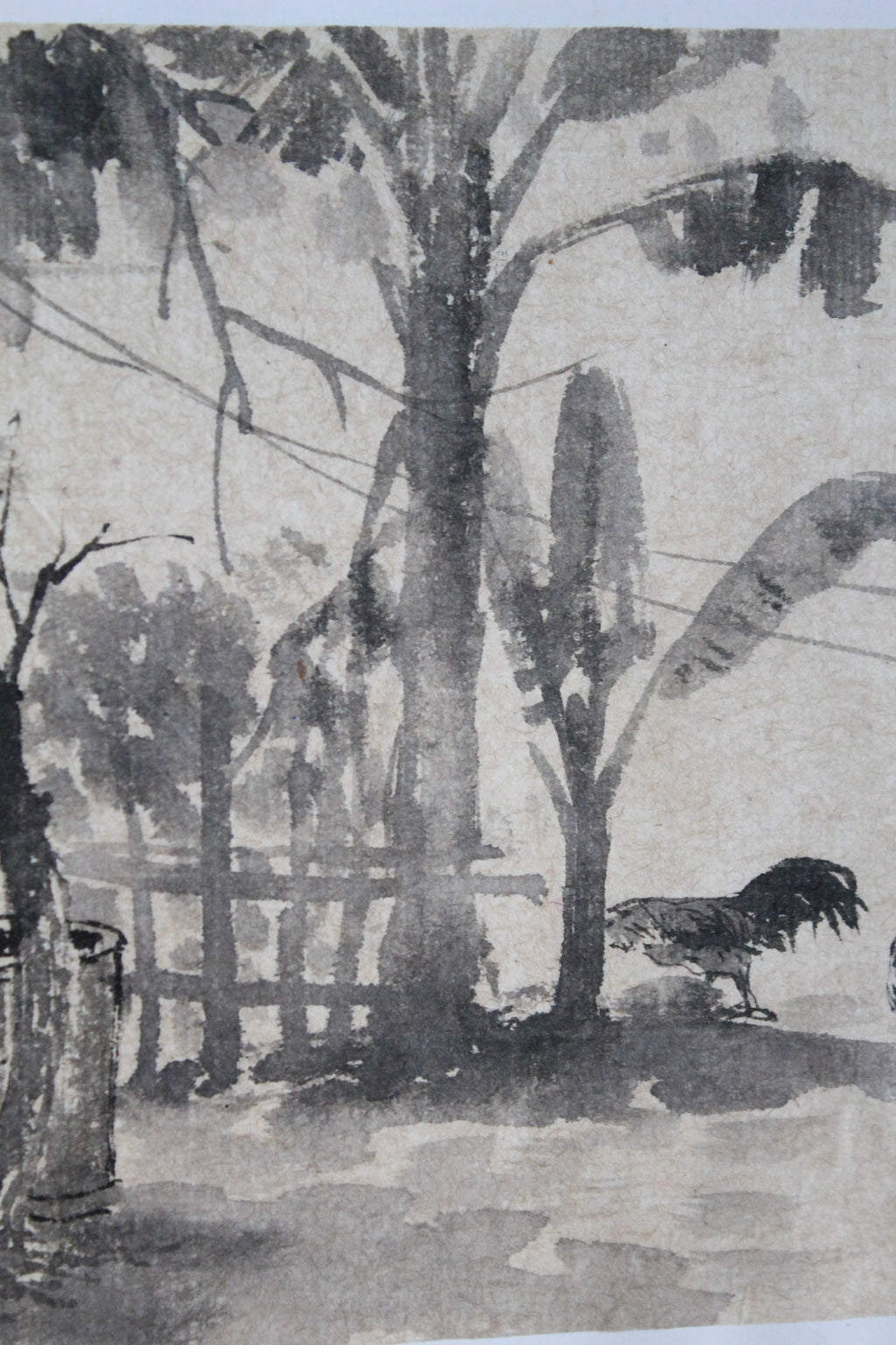 Tran Tu Thanh (1943) "Jardin vietnamien avec les coqs" encre de chine sur papier