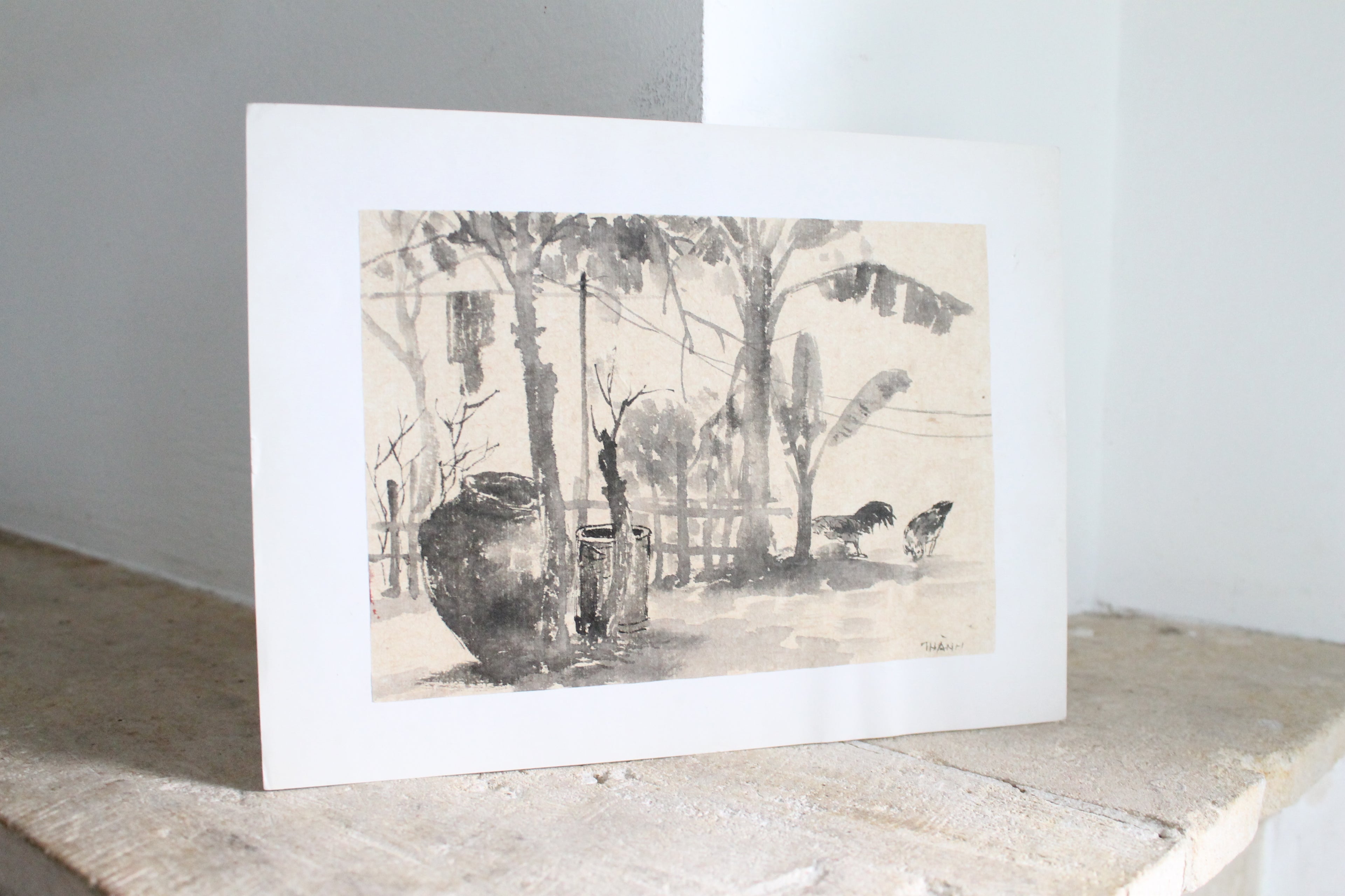 Tran Tu Thanh (1943) "Jardin vietnamien avec les coqs" encre de chine sur papier