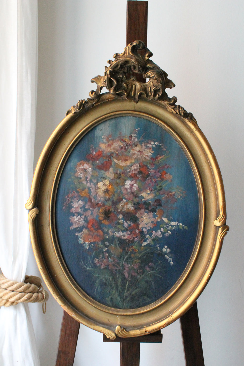Maurice Legrand peinture sur bois "bouquet de fleurs roses" cadre doré rocaille