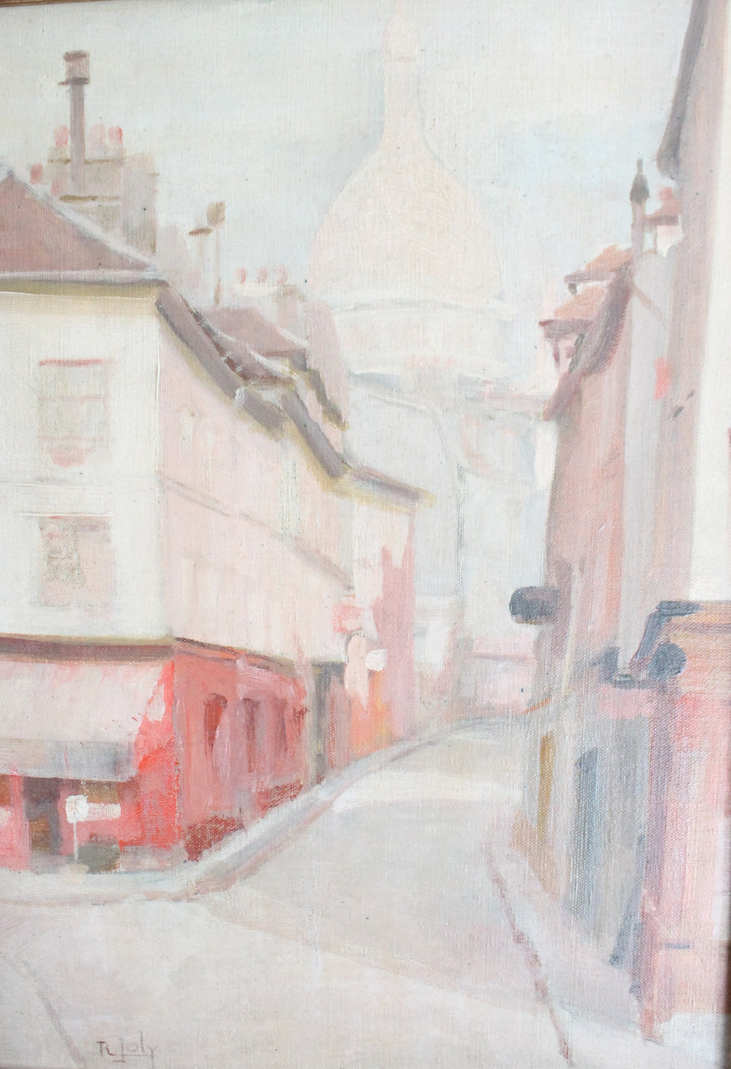 R.Joly "Rue Norvins à Montmartre avec vue sur le Sacré-Cœur" Huile sur toile