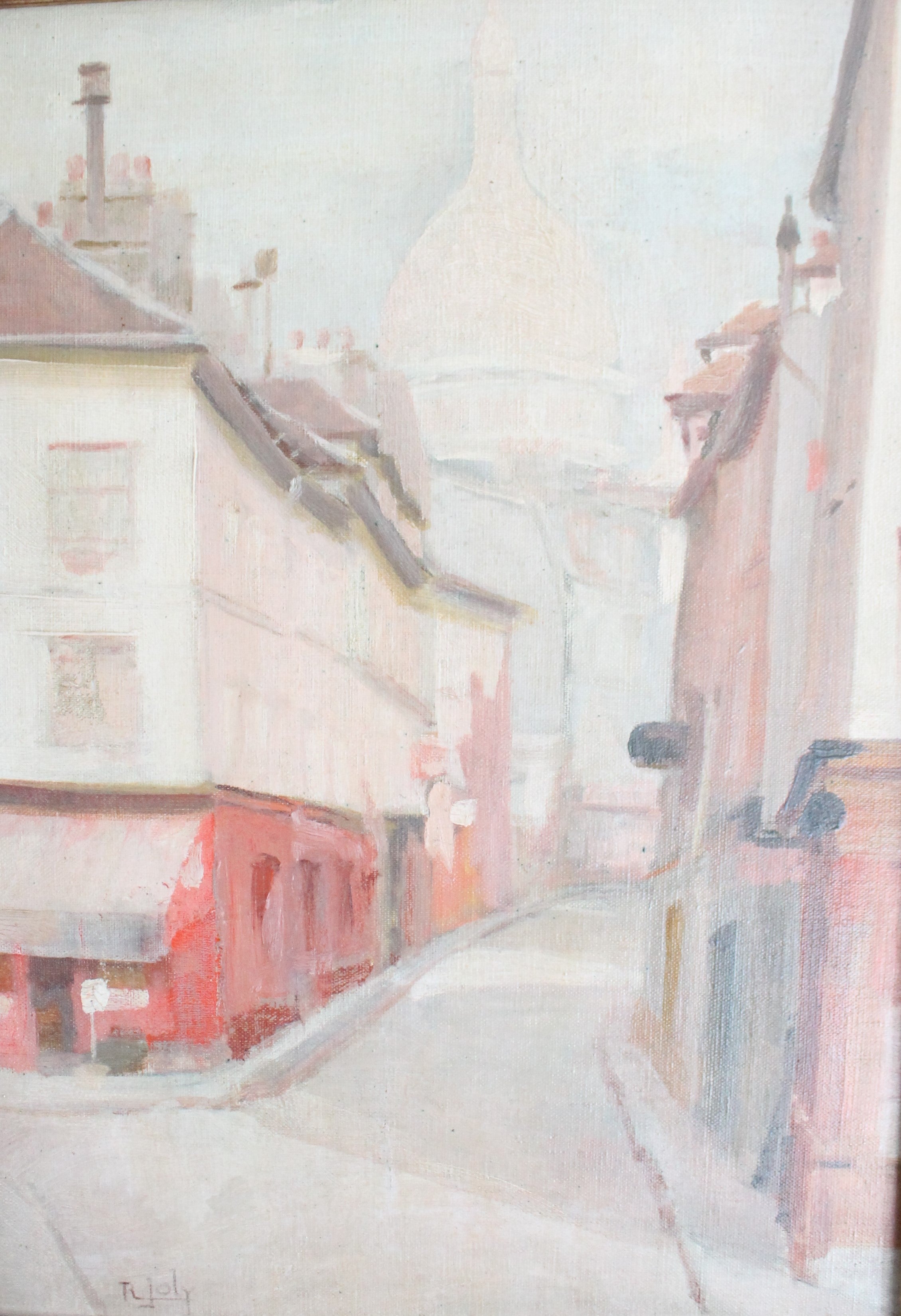 R.Joly "Rue Norvins à Montmartre avec vue sur le Sacré-Cœur" Huile sur toile