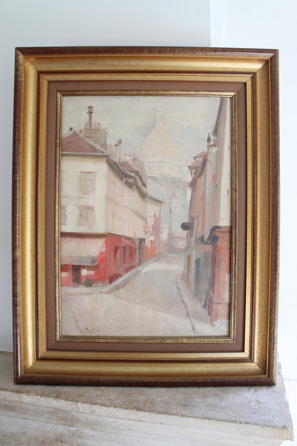 R.Joly "Rue Norvins à Montmartre avec vue sur le Sacré-Cœur" Huile sur toile
