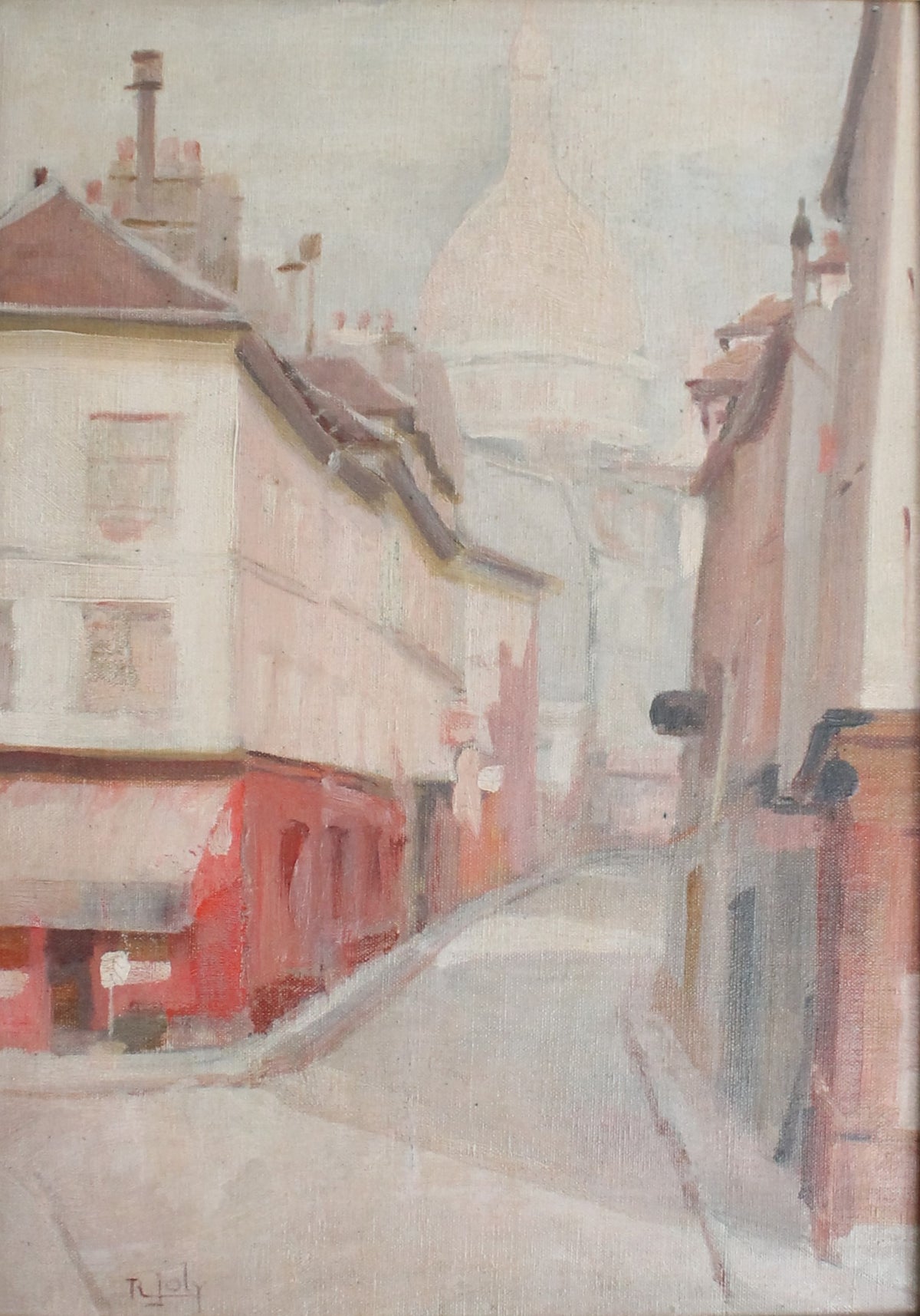 R.Joly "Rue Norvins à Montmartre avec vue sur le Sacré-Cœur" Huile sur toile