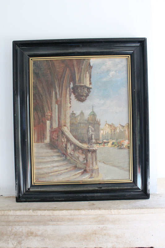 Peinture Huile sur toile "Vu sur la Grand-Place de Bruxelles depuis l'Hôtel de Ville" début XXe siècle