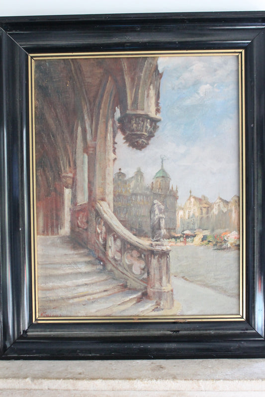 Peinture Huile sur toile "Vu sur la Grand-Place de Bruxelles depuis l'Hôtel de Ville" début XXe siècle