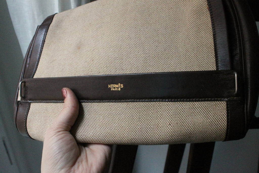 Trousse de toilette Hermès en toile beige et cuir marron