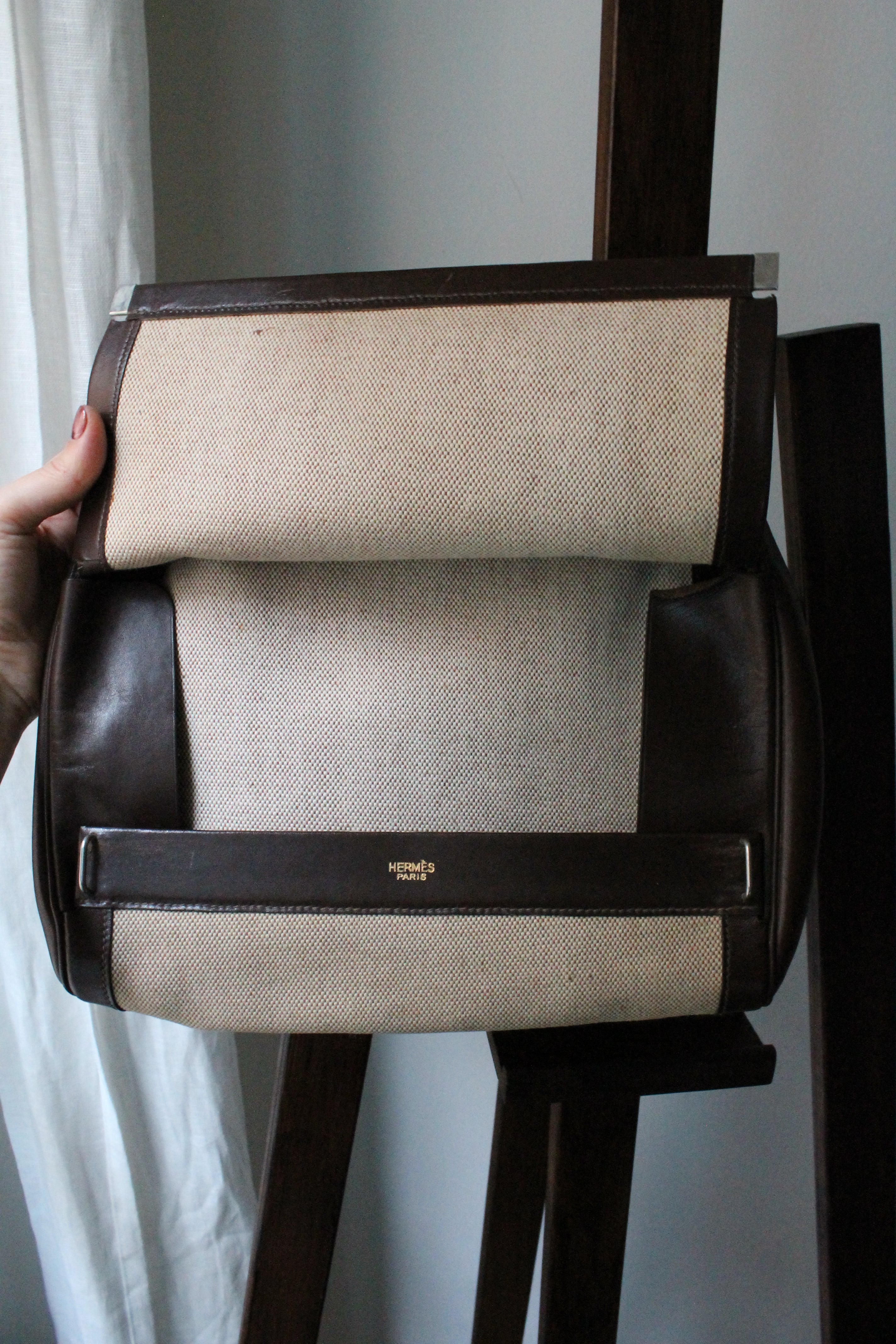 Trousse de toilette Hermès en toile beige et cuir marron