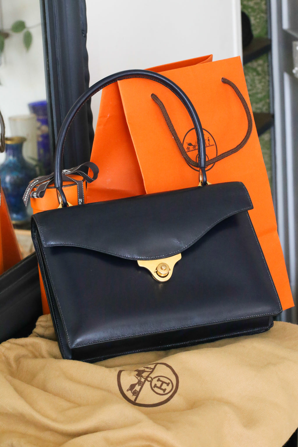 Sac à main Hermès vintage en box marine