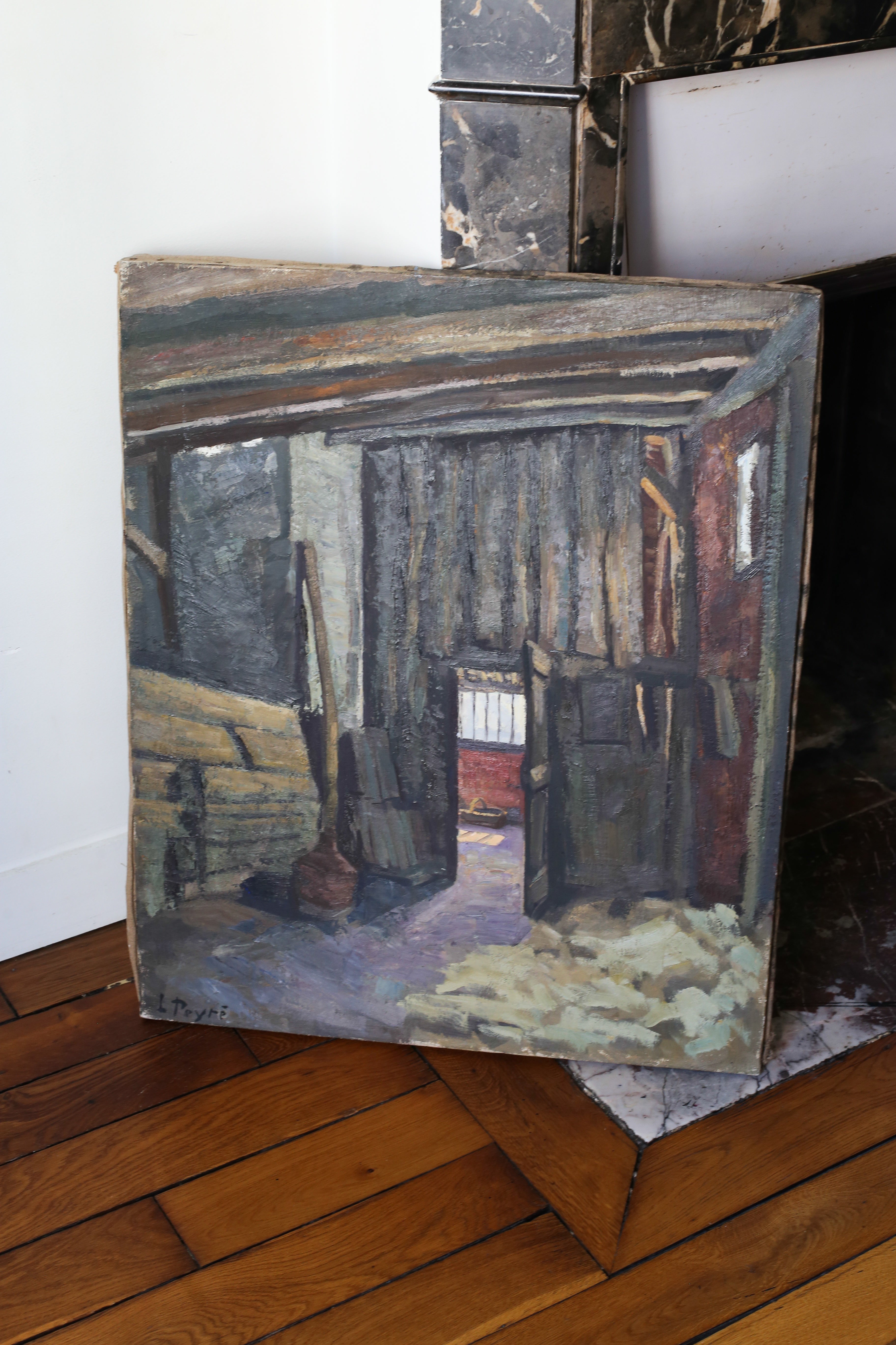 Louis Peyré (1923 - 2012) "Intérieur de grange" peinture sur toile