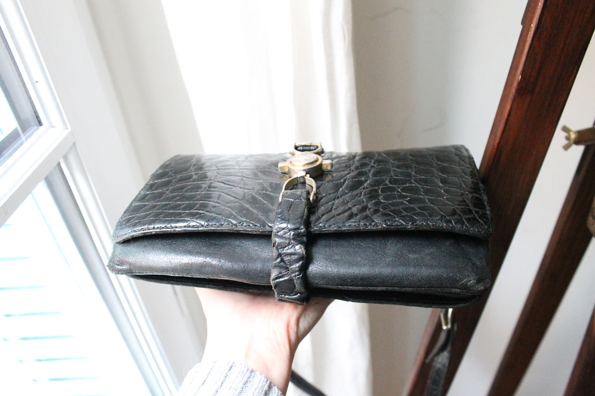 Céline sac à main modèle trio en cuir exotique (crocodile) noir