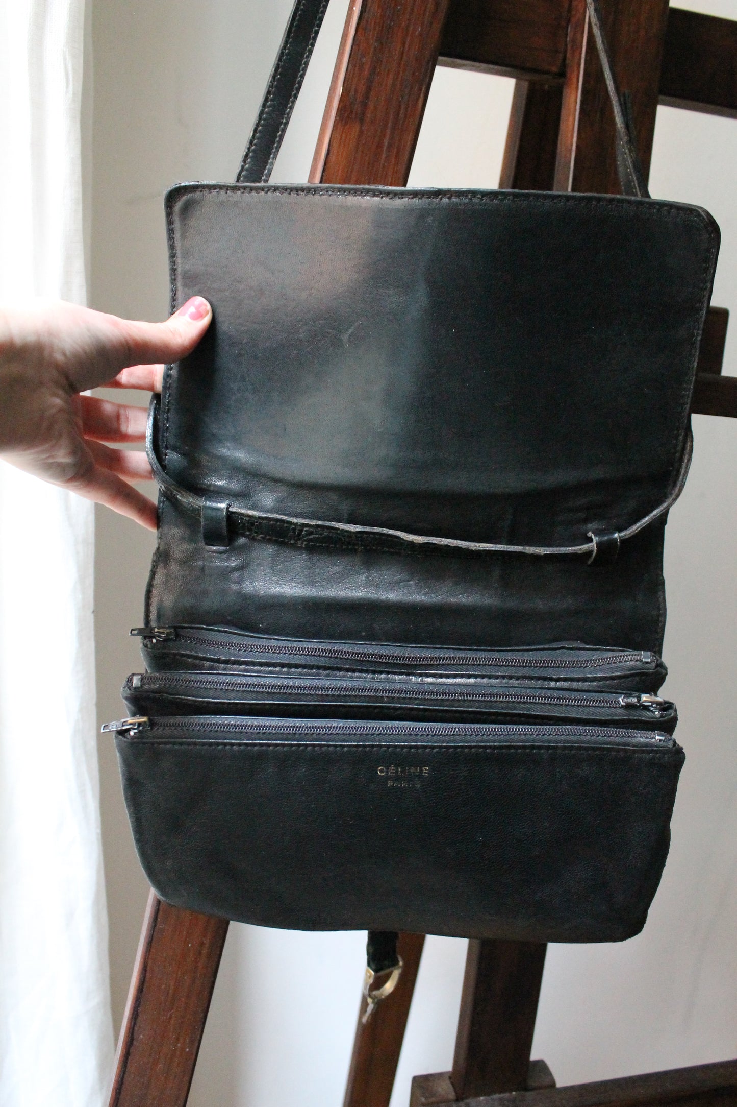 Céline sac à main modèle trio en cuir exotique (crocodile) noir