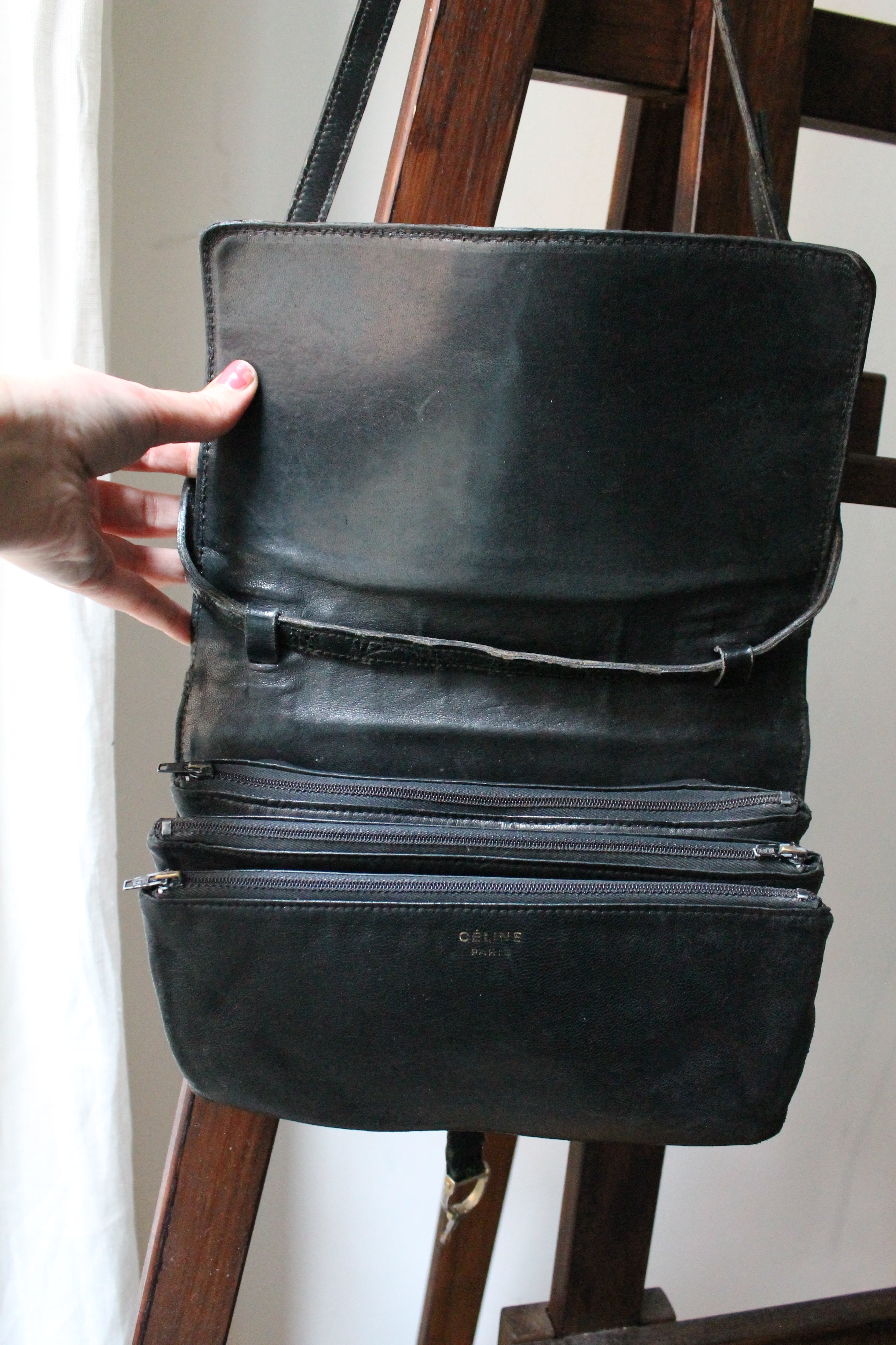 Céline sac à main modèle trio en cuir exotique (crocodile) noir