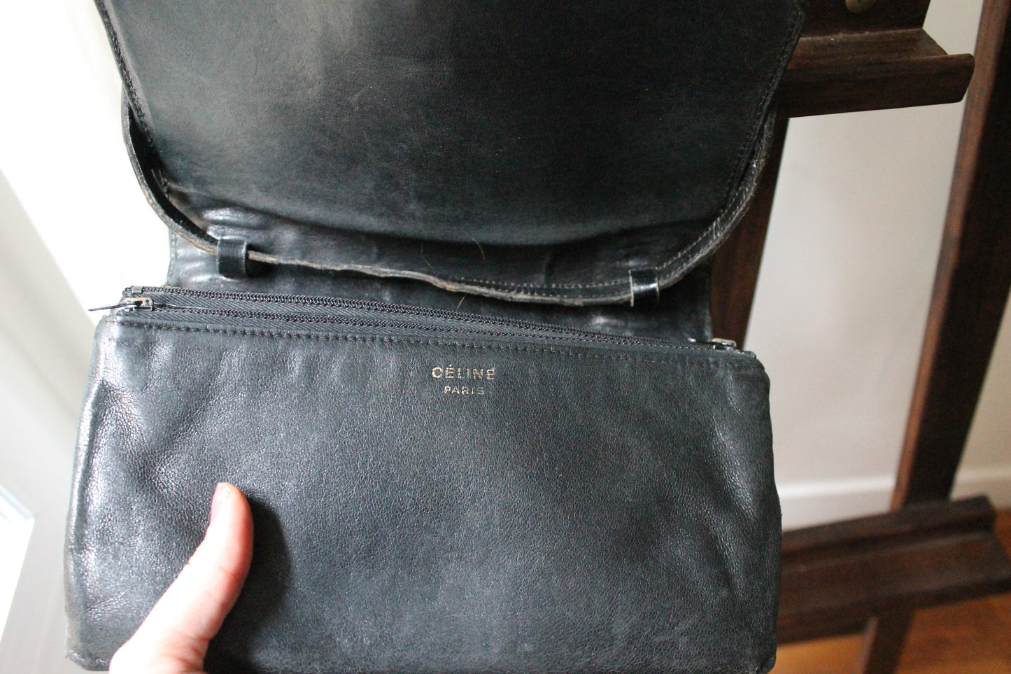 Céline sac à main modèle trio en cuir exotique (crocodile) noir