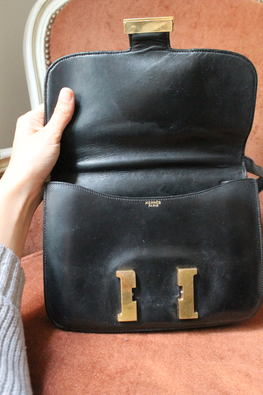 Hermès Paris sac constance vintage en cuir box noir
