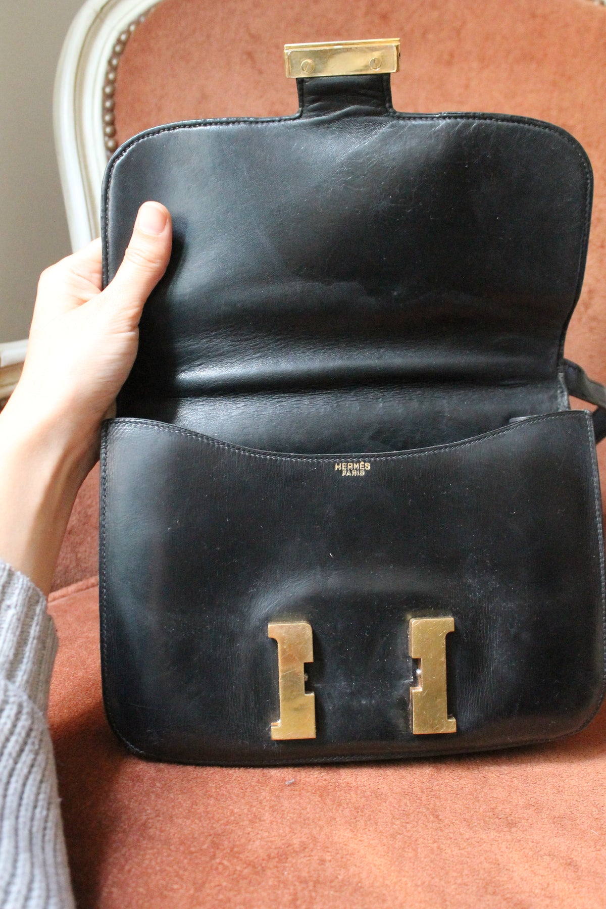 Hermès Paris sac constance vintage en cuir box noir