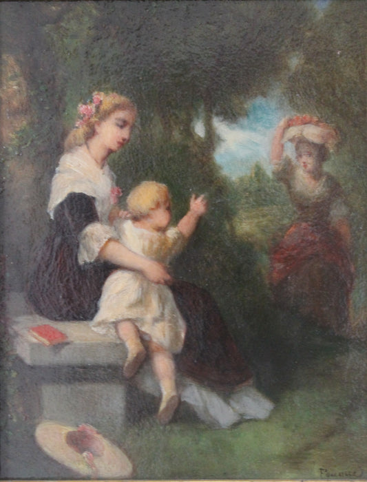 Jean-Baptiste Marie Fouque (1819 - 1880) "Promenade au jardin" huile sur panneau