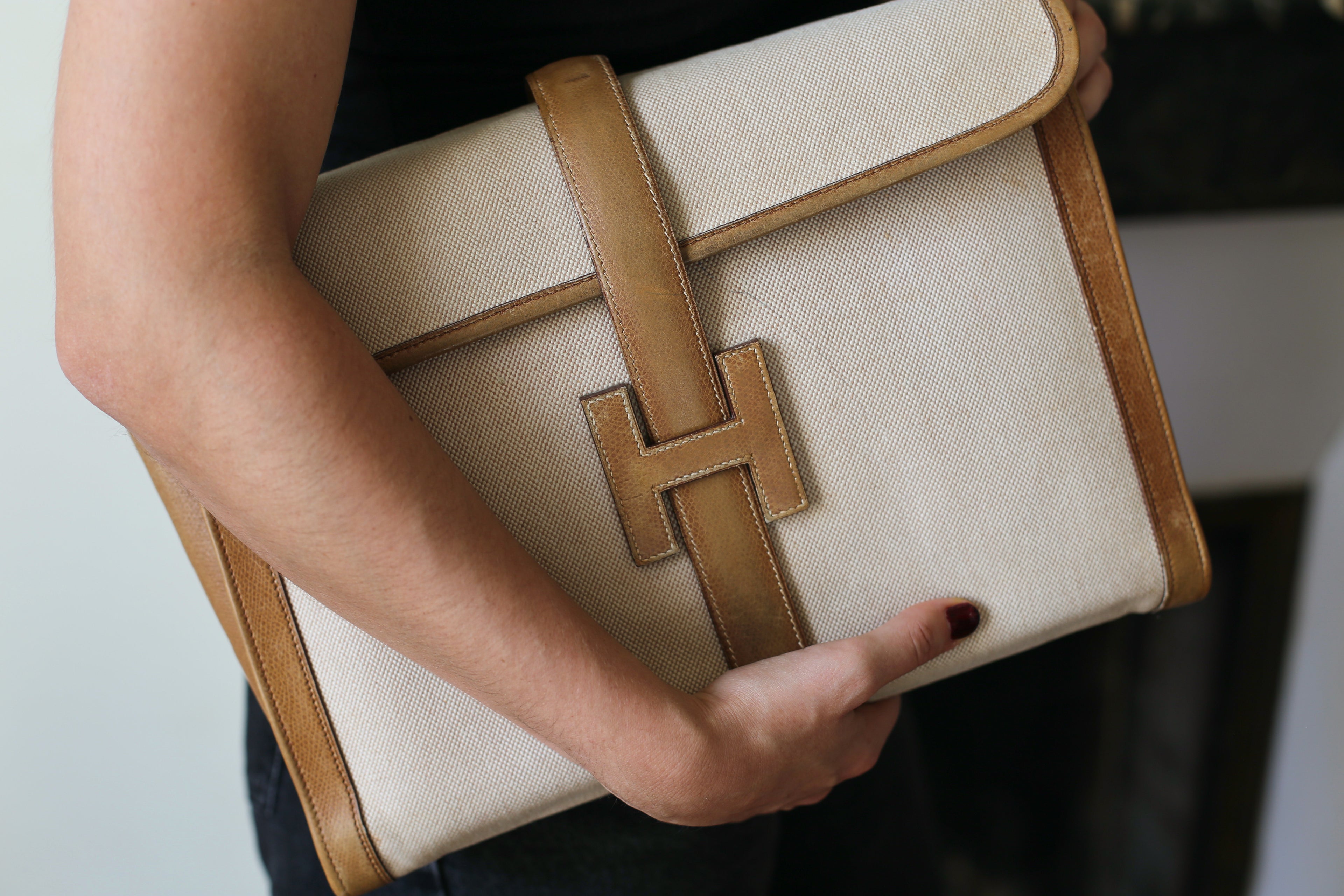Hermès pochette en toile et cuir grainé modèle Jige