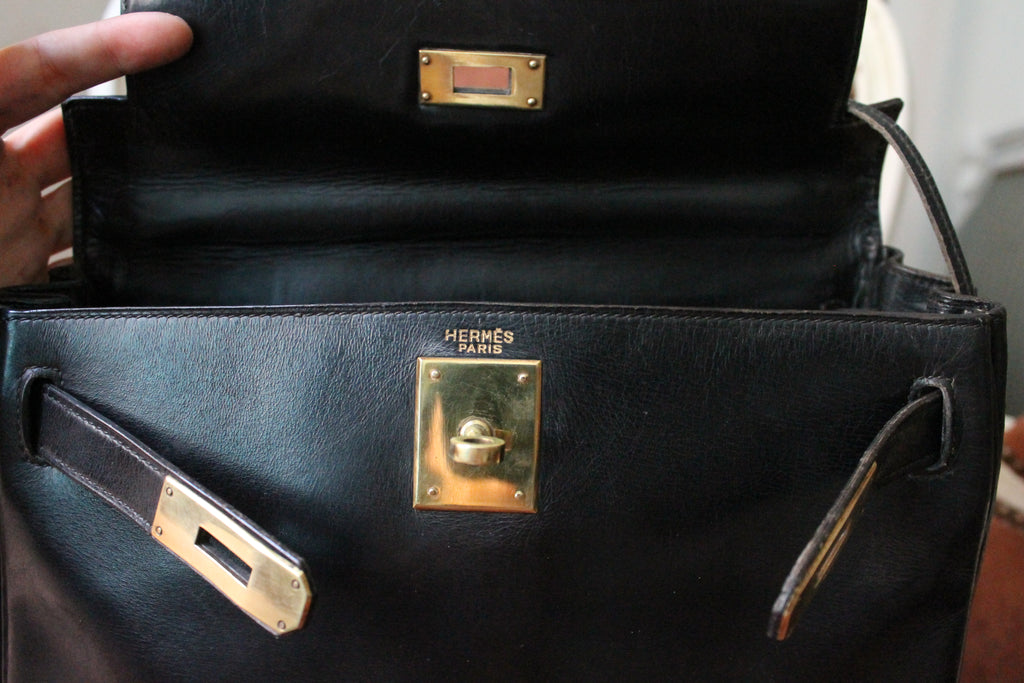 Hermès sac à main modèle Kelly 28 en cuir box retourné noir