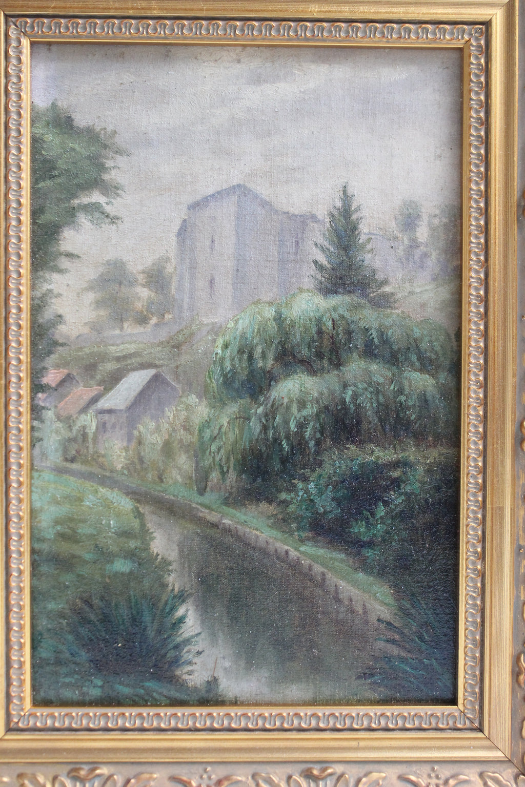 Huile sur panneau « La Ferté-Milon » par Meerschaut 1908 cadre doré