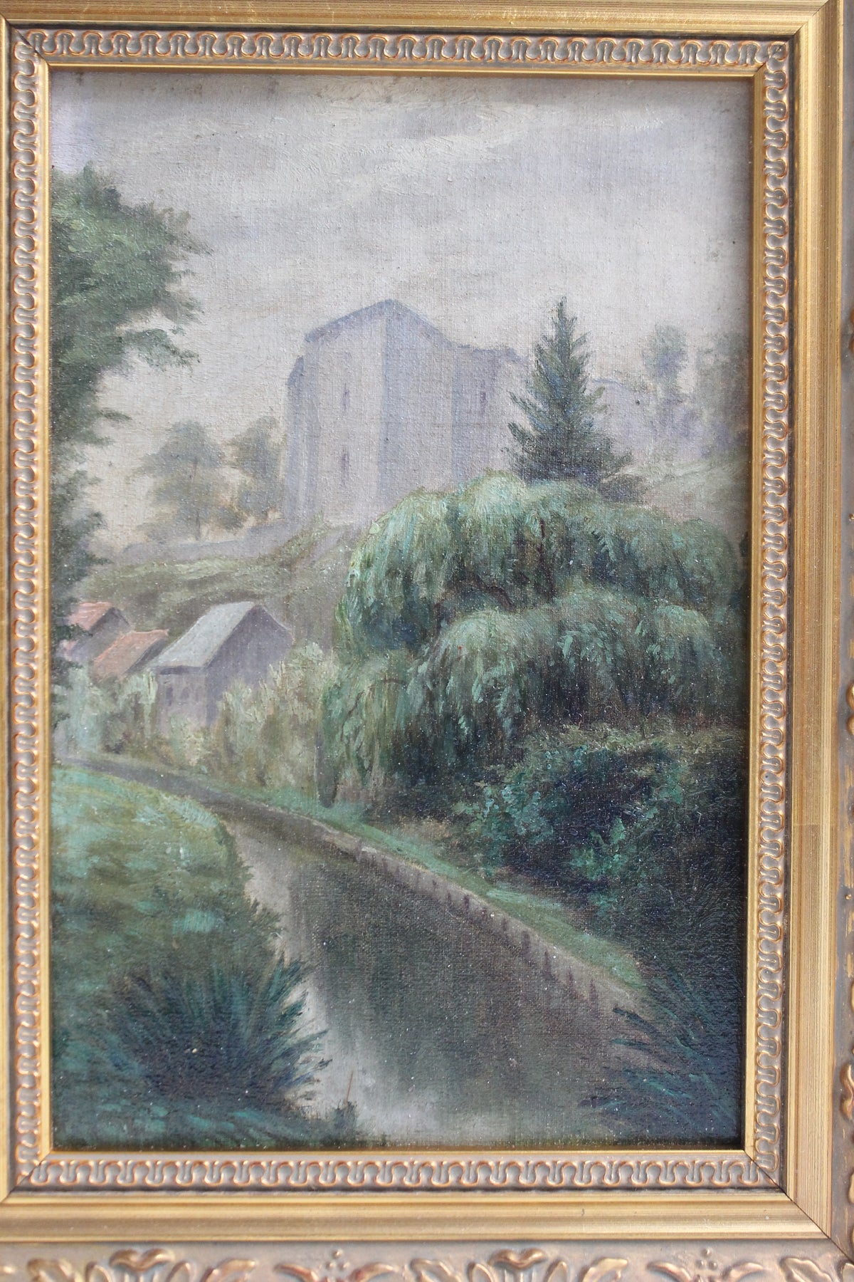 Huile sur panneau « La Ferté-Milon » par Meerschaut 1908 cadre doré