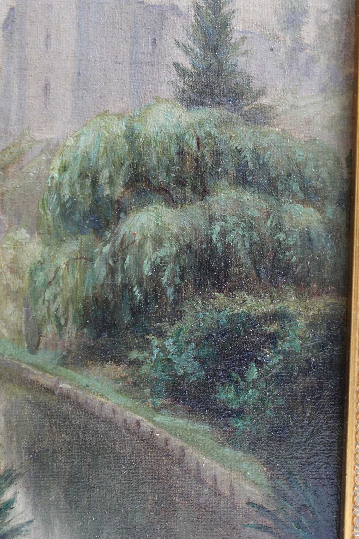 Huile sur panneau « La Ferté-Milon » par Meerschaut 1908 cadre doré